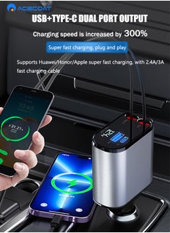 ACECOAT 4-in-1 Retractable Car Charger with USB&Type-C&Lightning-Digital Display Cigarette Lighter Car Charger Adapter Supports PD Fast Charging/QC3.0/FCP-Compatible with iPhone,Huawei,Honor,Galaxy,Pixel  - Image 2
