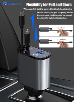 ACECOAT 4-in-1 Retractable Car Charger with USB&Type-C&Lightning-Digital Display Cigarette Lighter Car Charger Adapter Supports PD Fast Charging/QC3.0/FCP-Compatible with iPhone,Huawei,Honor,Galaxy,Pixel  - Image 5