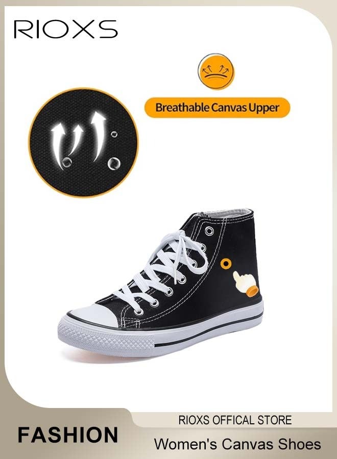 RIOXS Women's Classic Canvas Shoes, High Top Lace Up Shoes, Fashionable Casual Flat Shoes, High-quality Breathable Trainers with Non-slip Rubber Sole, Suitable for Work, Sports, Shopping, Hiking, Running and Other Occasions, Ladies Athlesiure Shoes  - Image 2