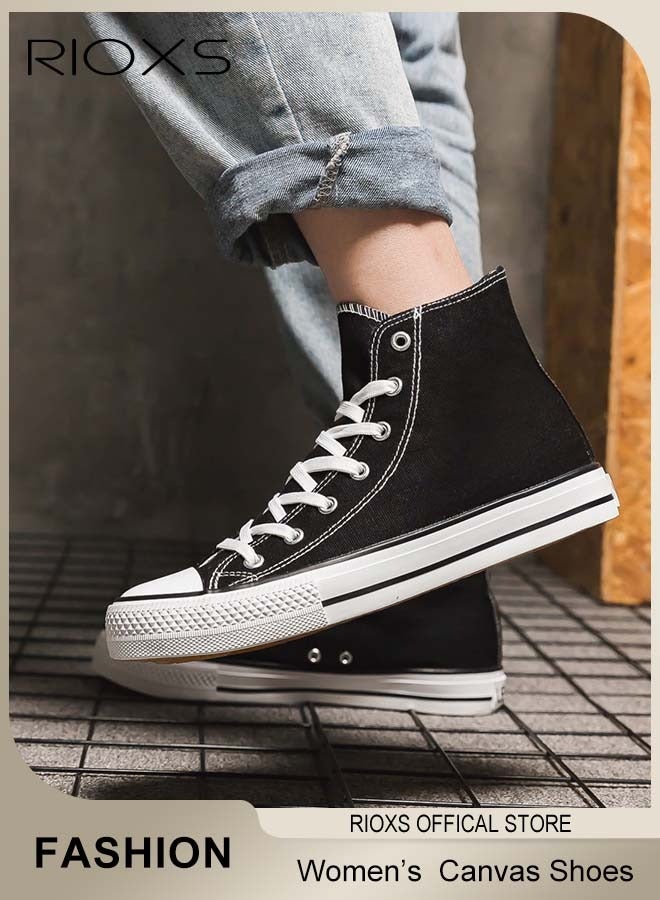 RIOXS Women's Classic Canvas Shoes, High Top Lace Up Shoes, Fashionable Casual Flat Shoes, High-quality Breathable Trainers with Non-slip Rubber Sole, Suitable for Work, Sports, Shopping, Hiking, Running and Other Occasions, Ladies Athlesiure Shoes  - Image 1