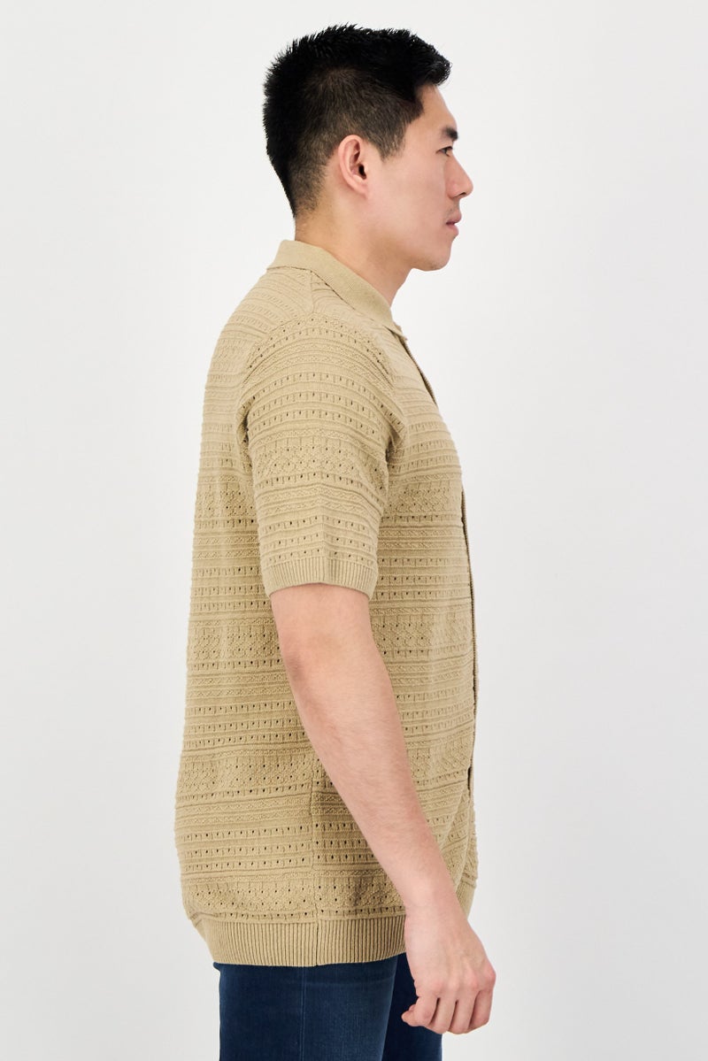 Threadbare Men Regular Fit Short Sleeve Eyelet Polo, Beige - Image 2