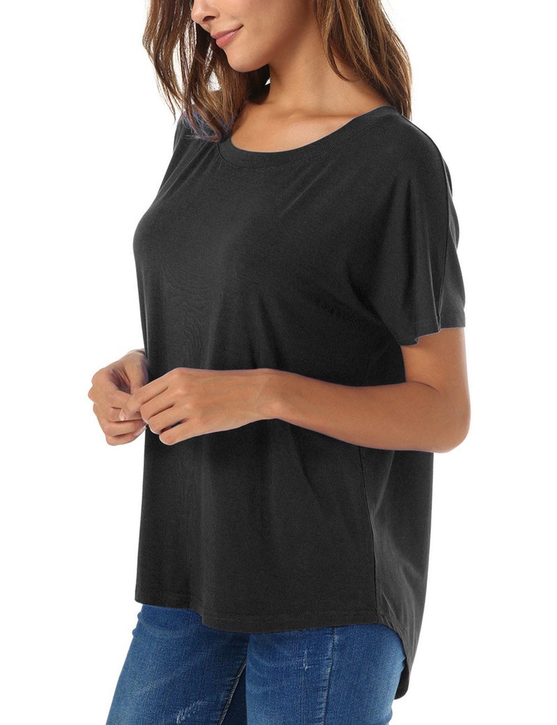 Herou Summer Short Sleeve Casual Plain Black T Shirt for Women High Low Loose Tees Tops Black Large - Image 2