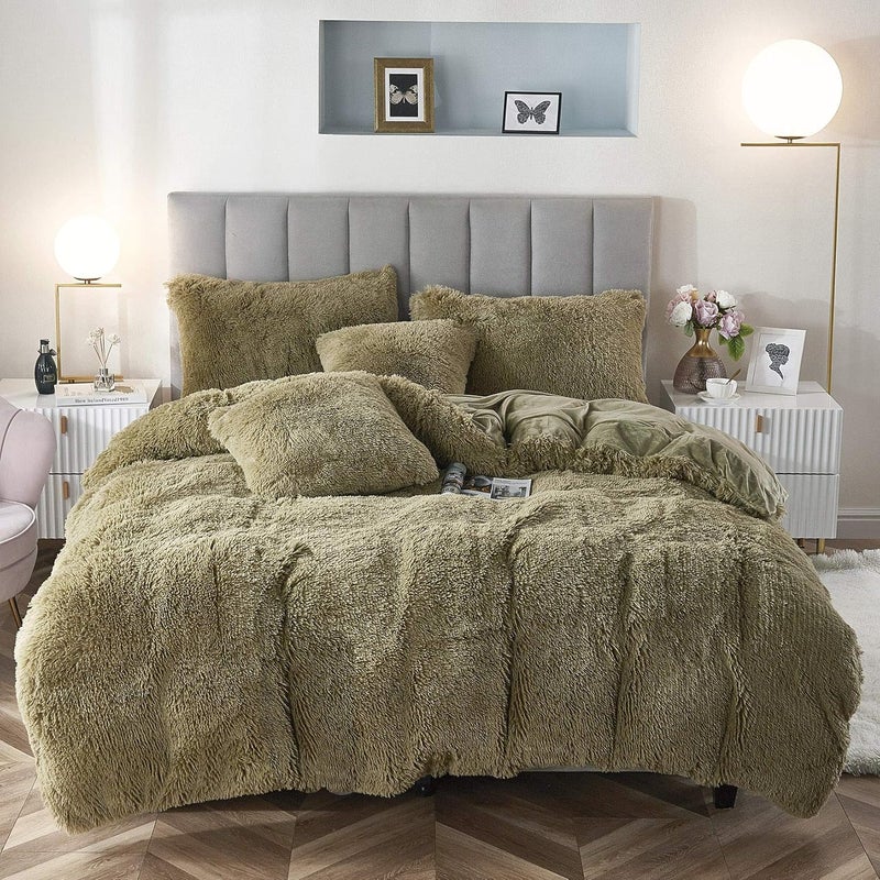 Uhamho Faux Fur Velvet Fluffy Bedding Duvet Cover Set Down Comforter Quilt Cover with Pillow Shams, Ultra Soft Warm Olive Green Twin - Image 1