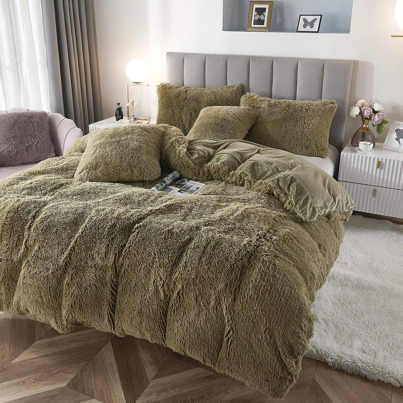 Uhamho Faux Fur Velvet Fluffy Bedding Duvet Cover Set Down Comforter Quilt Cover with Pillow Shams, Ultra Soft Warm Olive Green Twin - Image 2
