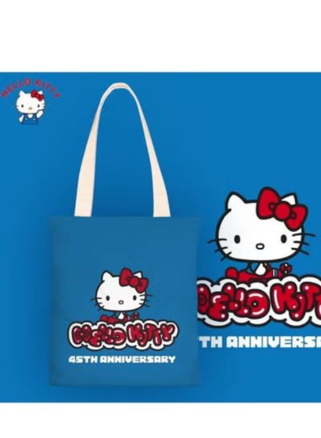 Hello Kitty 45th Anniversary Blue Canvas Tote Bag (Classic Red Bow Design)