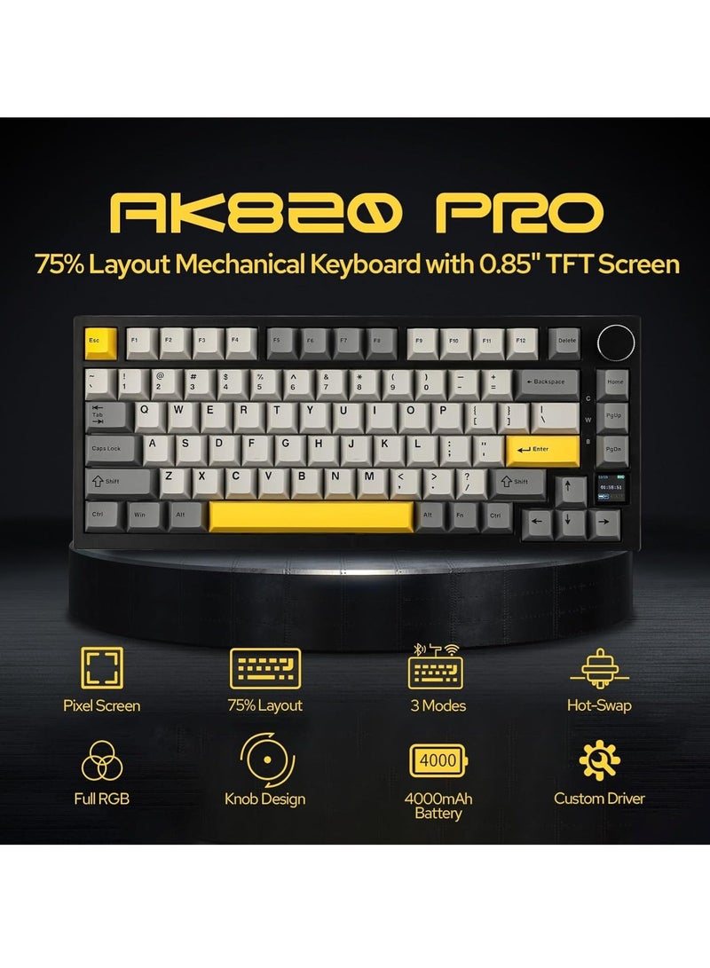 إيه جاز لوحة مفاتيح الألعاب الاحترافية AK820، لوحة مفاتيح ميكانيكية مثبتة بحشية 75% مع شاشة TFT، إضاءة RGB، 3 أوضاع (بلوتوث 5.1/2.4G لاسلكي وسلكي من النوع C)، رغوة عازلة للصوت (أسود رمادي، مفتاح سمكة طائرة) - Image 5
