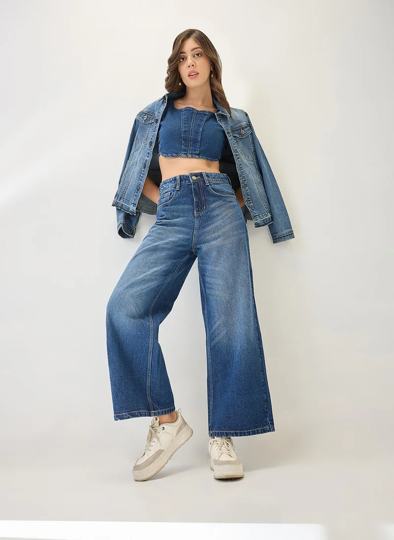 globus Globus Women Cotton Whiskers Effect Mid-Rise Wide Leg Denim Jeans