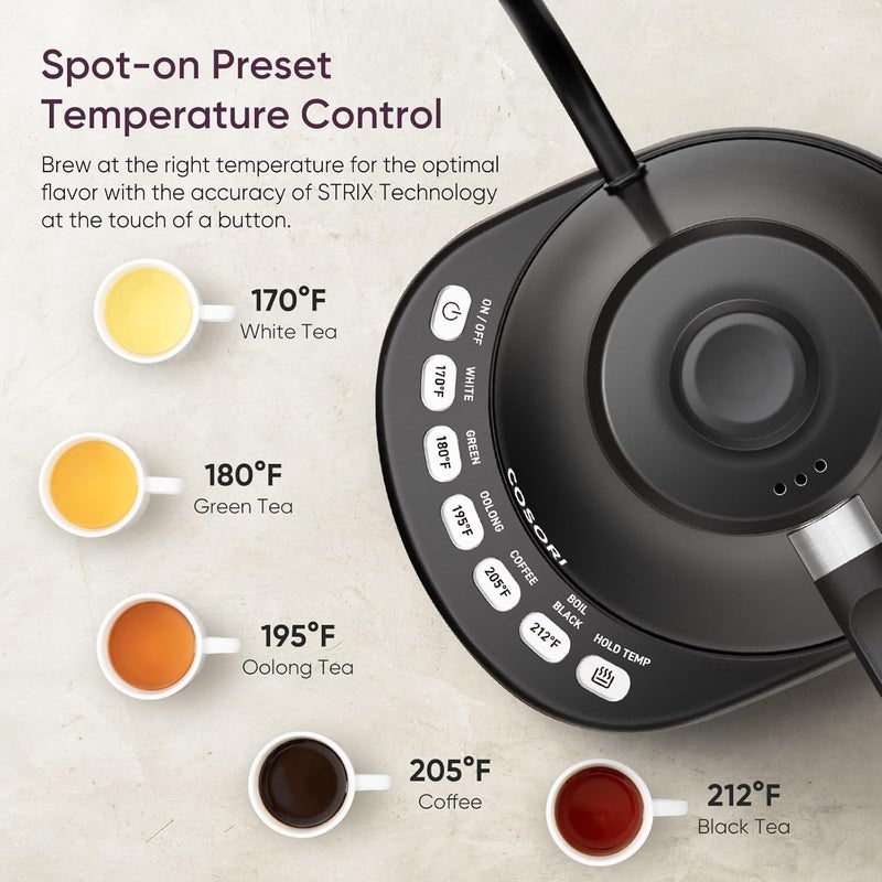 Cosori Electric Gooseneck Kettle with 5 Temperature Control Presets, 0.8L, Black - Image 2