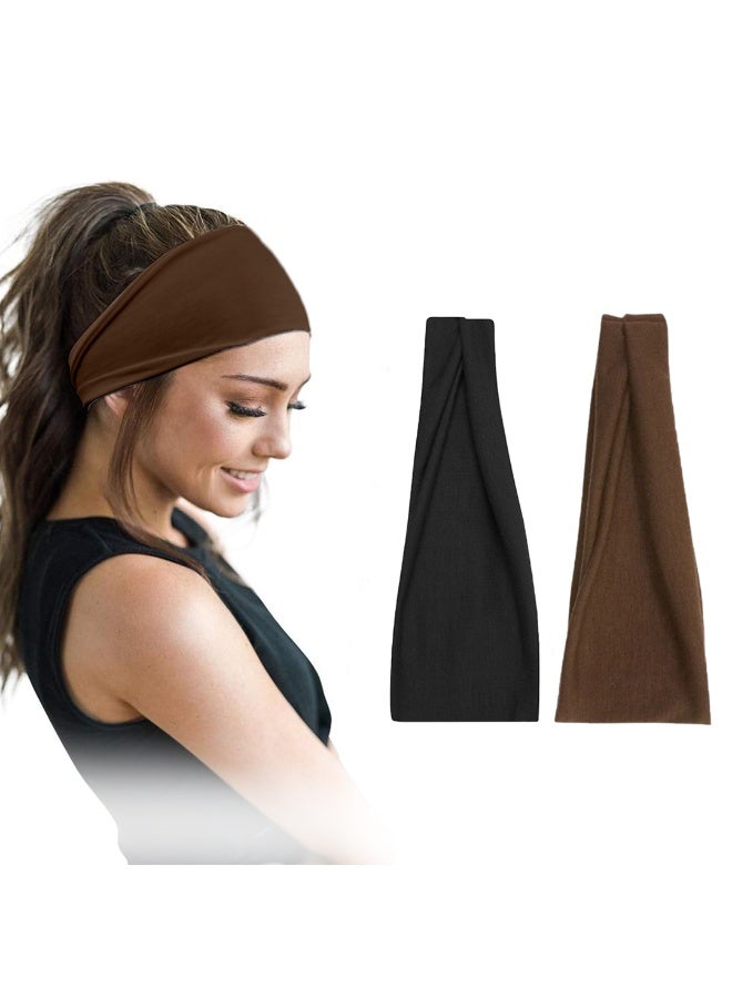 2 Pcs headbands For Women Wide Black&Brown Headband Yoga Workout Head Bands Hair Accessories - Image 1