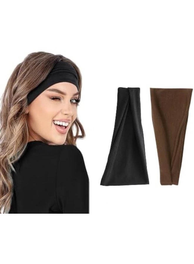 2 Pcs headbands For Women Wide Black&Brown Headband Yoga Workout Head Bands Hair Accessories - Image 2