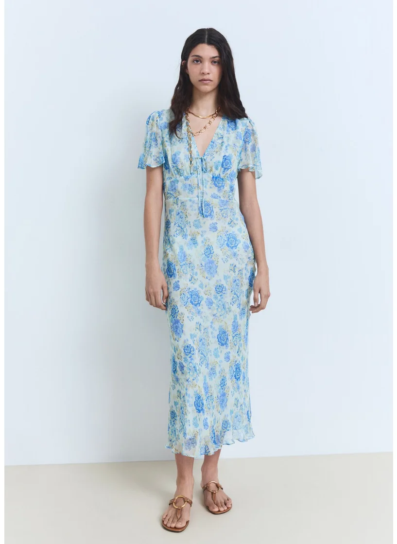 مانجو Long Floral Dress With Short Sleeves