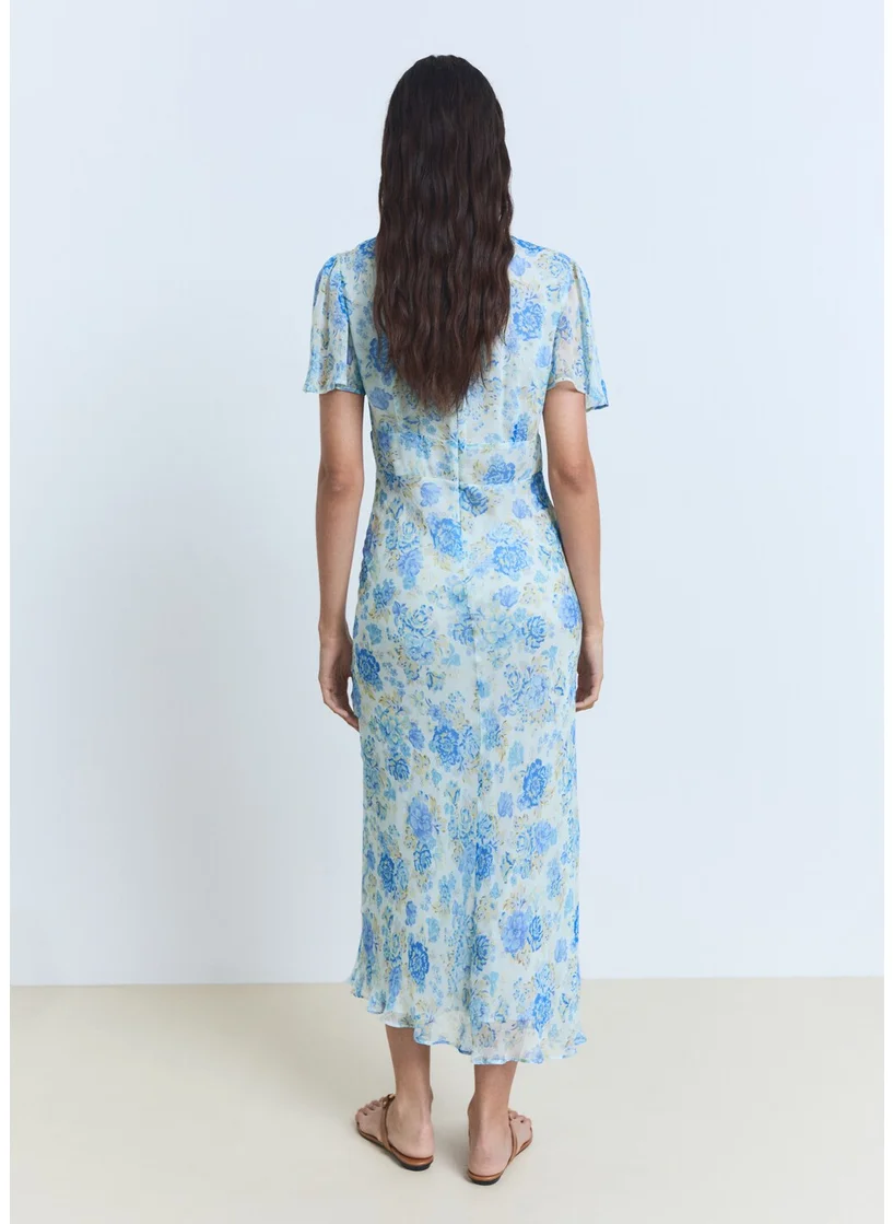 مانجو Long Floral Dress With Short Sleeves