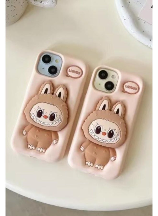 لابوبو كفر iPhone 16 Pro من Labubu لابوبو مع حامل ثلاثي الأبعاد – غطاء سيليكون مضاد للصدمات بتصميم كرتوني بارز وأسلوب فريد مناسب للجميع مع مسكة يد - Image 4