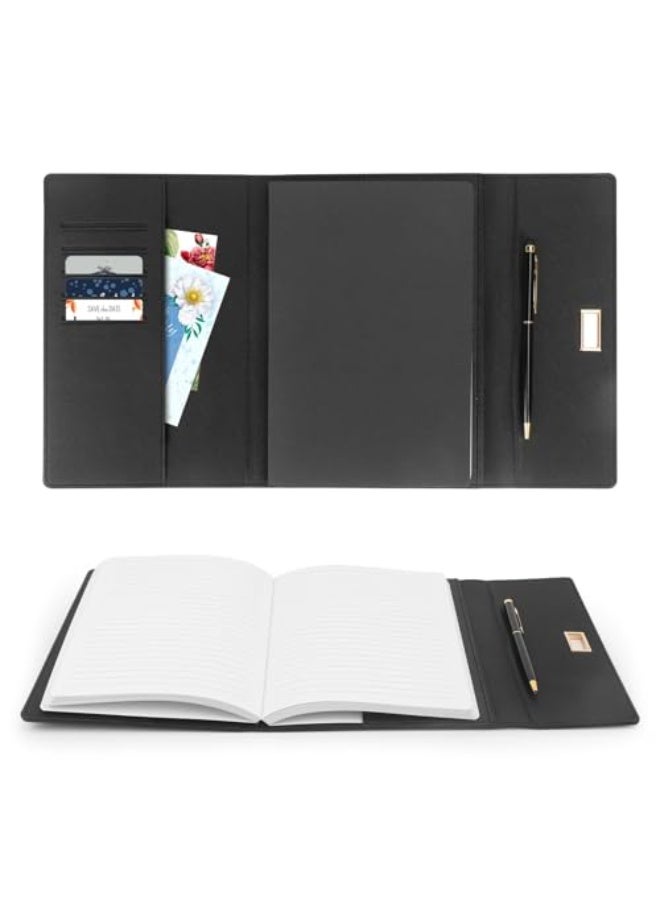 A5 Journal Notebook, Black Leather Cover College Ruled Lined Notebook with Pen, Card Holder Side Pocket Folding for School Office Travel (8.26" x 5.7") - Image 4