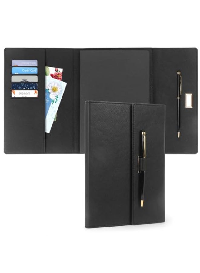 A5 Journal Notebook, Black Leather Cover College Ruled Lined Notebook with Pen, Card Holder Side Pocket Folding for School Office Travel (8.26" x 5.7") - Image 1