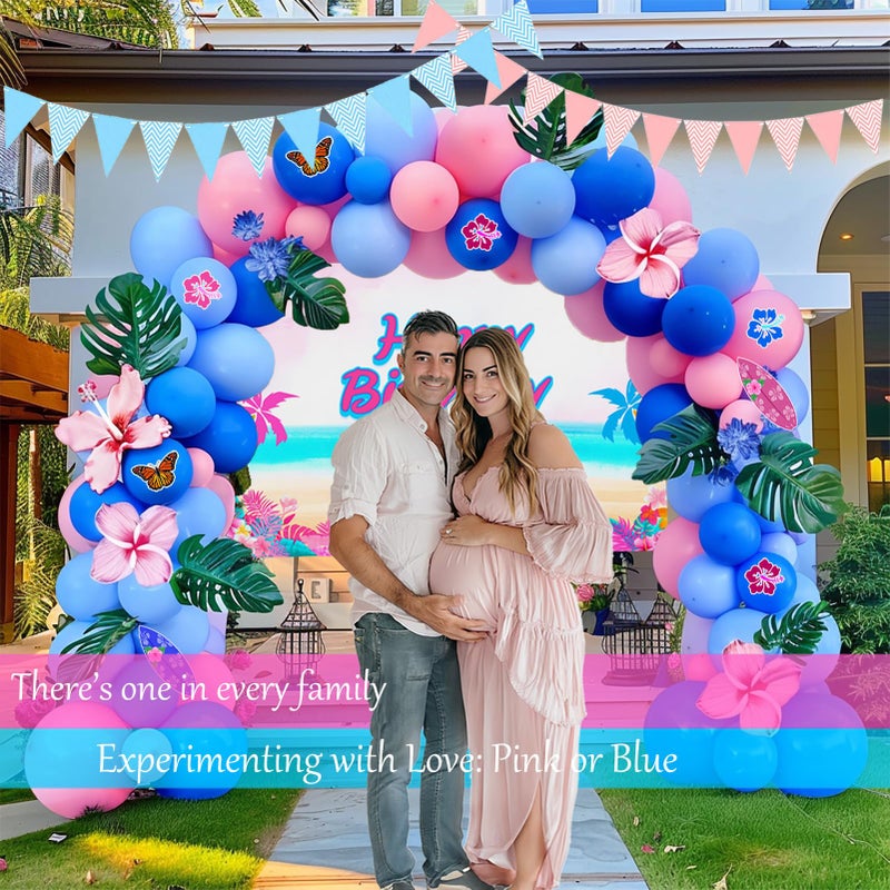 froufing Pastel Pink and Blue Balloon Garland Arch with paper cards banner backdrop Artificial Palm Leaves for kids cartoon Hawaii gender reveal Baby shower birthday halloween trunk or treat party decorations - Image 3