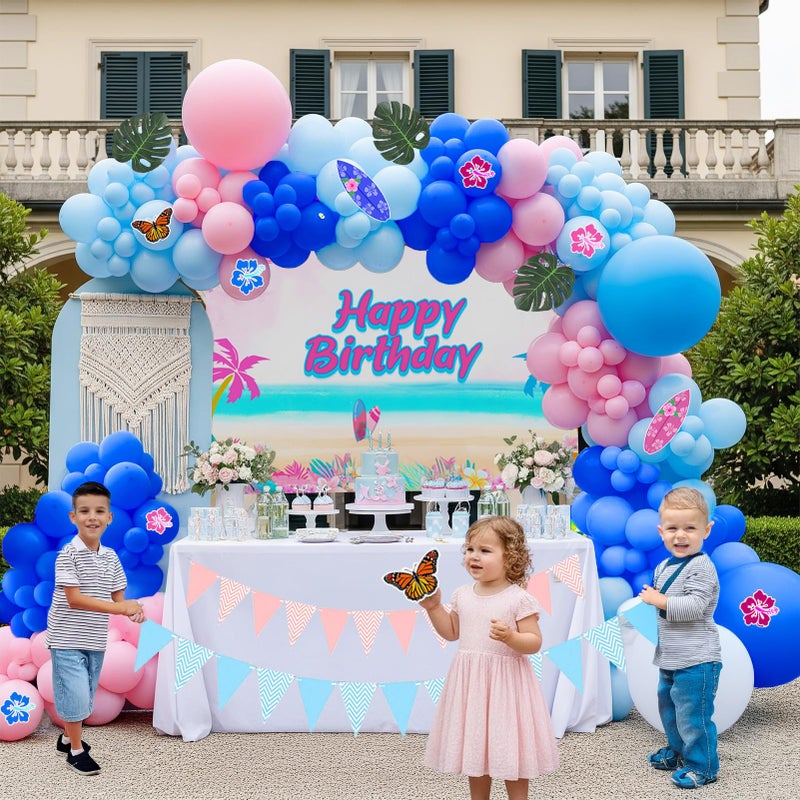 froufing Pastel Pink and Blue Balloon Garland Arch with paper cards banner backdrop Artificial Palm Leaves for kids cartoon Hawaii gender reveal Baby shower birthday halloween trunk or treat party decorations - Image 2