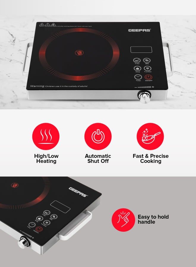 GEEPAS 4 Digit LED Display Digital Infrared Cooker,High-Temperature Resistant Glass 280*360mm, Elegant Design, Fireproof Material, Stainless Steel Body,Ceramic Heating Element, With 10 levels Of watt Setting GIC6920NV Black - Image 4