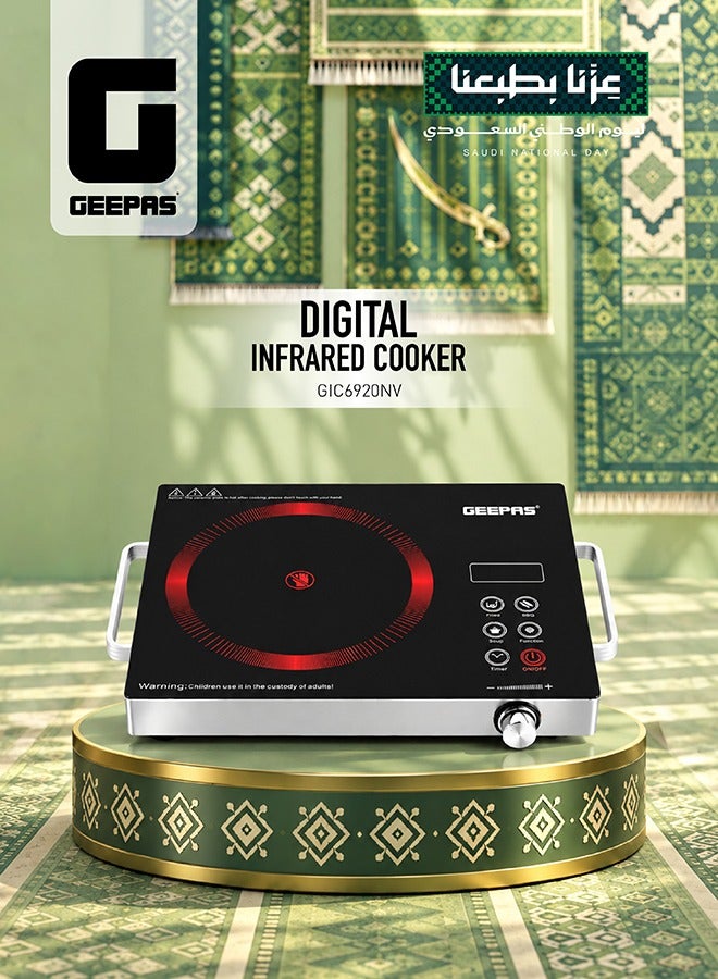 GEEPAS Digital Infrared Cooker, Single Cooking Hob 2200W, Touch Control Electric Ceramic Stove with LED Display, 11 Power Levels, Multi-Cooking Modes, Black - 2 Years Warranty GIC6920NV Black - Image 1