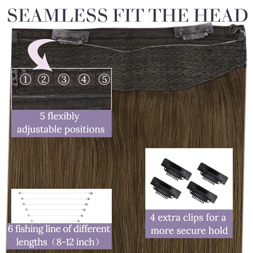 Fshine Invisible Wire Hair Extensions 14 Inch Brown Layered Hairpiece Adjustable Fishing Line Hair Extensions Clip in One Piece Human Hair Natural Add Volume for Women - Image 4