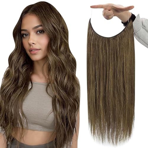 Fshine Invisible Wire Hair Extensions 14 Inch Brown Layered Hairpiece Adjustable Fishing Line Hair Extensions Clip in One Piece Human Hair Natural Add Volume for Women - Image 1