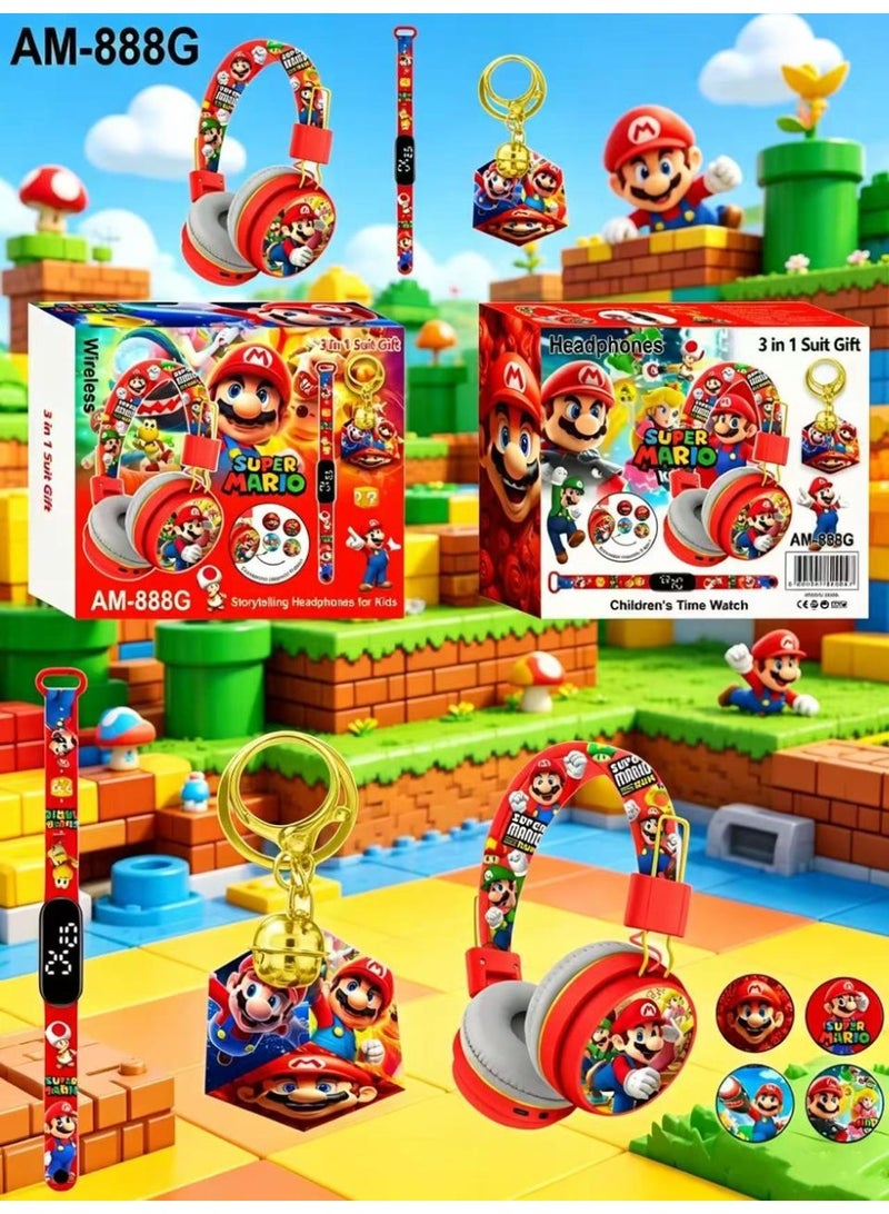 Super Mario Bluetooth Kids Headphones with 3-in-1 Gift Set for Children - 【Kids Bluetooth Headphones】with Digital Clock and Rotating Rubik's Cube Keychain - Model AM-888G - Red - Image 2