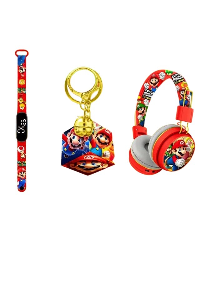 Super Mario Bluetooth Kids Headphones with 3-in-1 Gift Set for Children - 【Kids Bluetooth Headphones】with Digital Clock and Rotating Rubik's Cube Keychain - Model AM-888G - Red - Image 3
