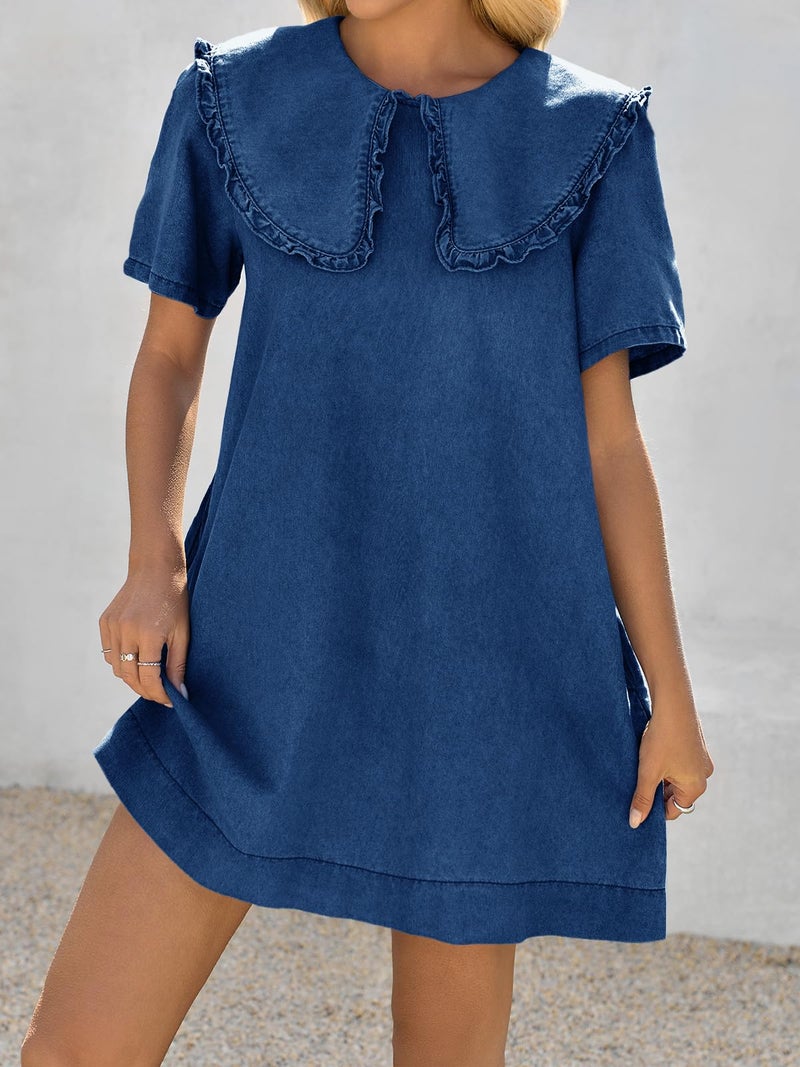 Wenrine Womens Summer Denim Mini Dress Oversized Peter Pan Collar Short Sleeve Casual Flowy Babydoll Jean Dresses - Image 3