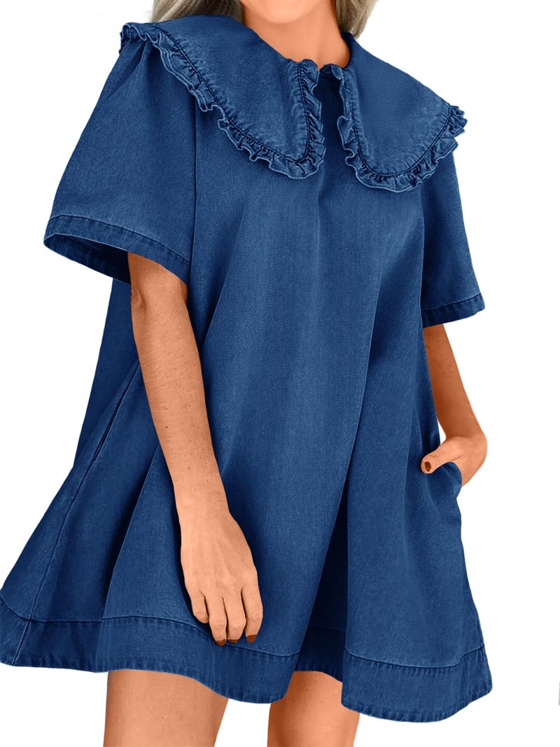 Wenrine Womens Summer Denim Mini Dress Oversized Peter Pan Collar Short Sleeve Casual Flowy Babydoll Jean Dresses - Image 5