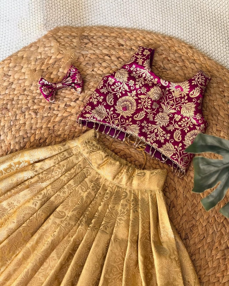 Naixa Girl's Cotton Fabric Gold/Dark Pink Color Floral Print Lehenga Choli with Sleeveless and Drawstring Closure Type| Ready to Wear Lehenga Choli Set for Kids - Image 4