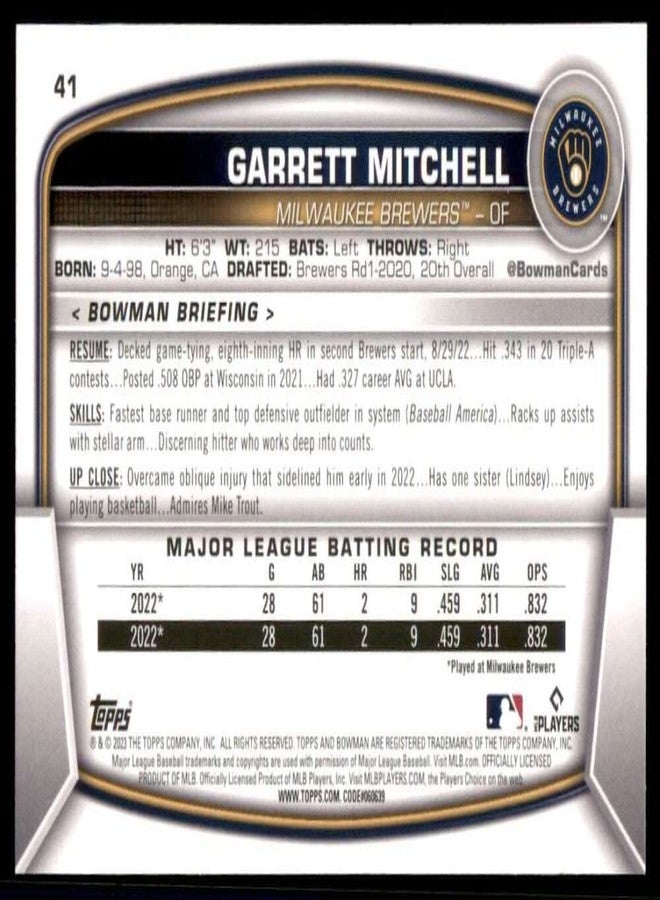 Bowman Chrome 2023 Bowman #41 Garrett Mitchell Milwaukee Brewers MLB Baseball Card (RC - Rookie Card) NM-MT - Image 2