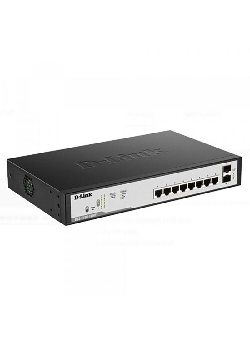 8 Port PoE Gigabit Switch, 20 Gbps Capacity, 14.88 Mpps Forwarding, 2 1000M SFP, 6 Internal Antennas,  LONG RANGE, DGS-F1100-10PS Black