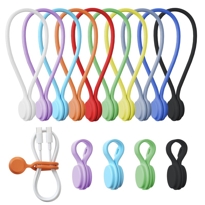 Tounee Reusable Silicone Magnetic Cable Ties - 2 Sizes Combo (4pcs 2.95'' + 4pcs 7.68'') - Multi-Purpose for Cable Bundling, Organizing, Bookmarks & Fridge Magnets - Assorted Colors, 8-Pack - Image 1