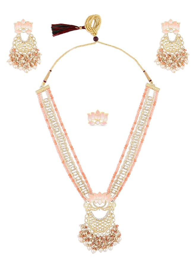 erorex Peach Meenakari Lotus Bridal Kundan Long Necklace Earring And Ring Set For Women Zpfk14749  - Image 1