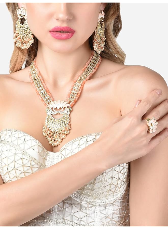 erorex Peach Meenakari Lotus Bridal Kundan Long Necklace Earring And Ring Set For Women Zpfk14749  - Image 2