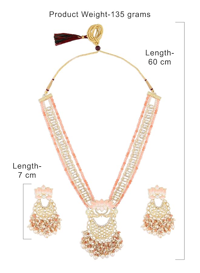 erorex Peach Meenakari Lotus Bridal Kundan Long Necklace Earring And Ring Set For Women Zpfk14749  - Image 5