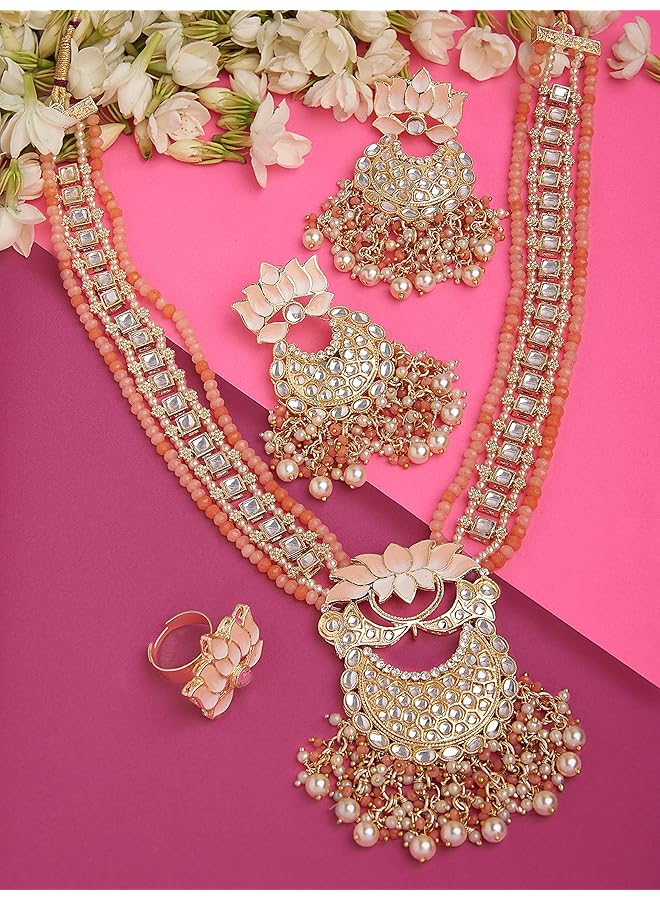 erorex Peach Meenakari Lotus Bridal Kundan Long Necklace Earring And Ring Set For Women Zpfk14749  - Image 3