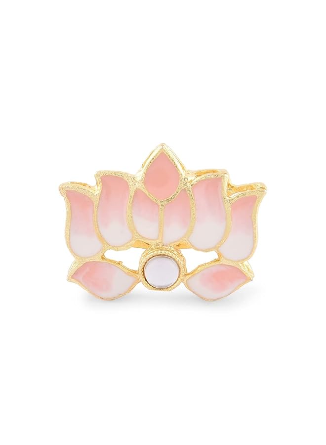 erorex Peach Meenakari Lotus Bridal Kundan Long Necklace Earring And Ring Set For Women Zpfk14749  - Image 4