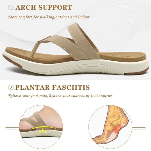 COFACE Womens Orthopedic Flip Flops Ladies Slip On Athletic Yoga Memory Foam Cushioned Recovery Walking Thong Sandals Summer Beach Pool Slippers Comfortable Plantar Fasciitis Arch Support Beige Size 7 - Image 3