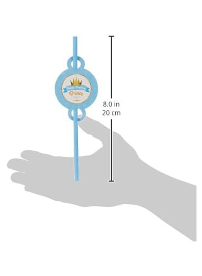 10pc Plastic Reusable Light Blue Color Straws Printed on Blue Banner Ribbon Happy Birthday Prince with Crown Print on top for Boys Birthday Party & Occasions  - Image 4
