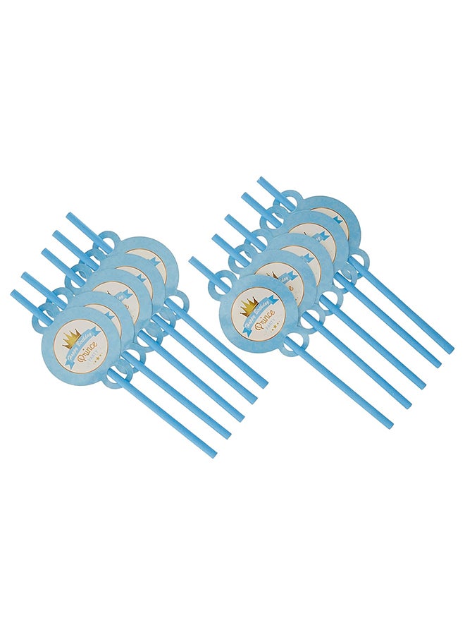 10pc Plastic Reusable Light Blue Color Straws Printed on Blue Banner Ribbon Happy Birthday Prince with Crown Print on top for Boys Birthday Party & Occasions  - Image 3