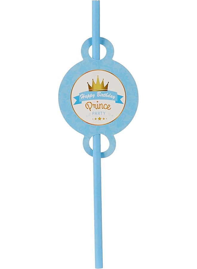 10pc Plastic Reusable Light Blue Color Straws Printed on Blue Banner Ribbon Happy Birthday Prince with Crown Print on top for Boys Birthday Party & Occasions  - Image 2