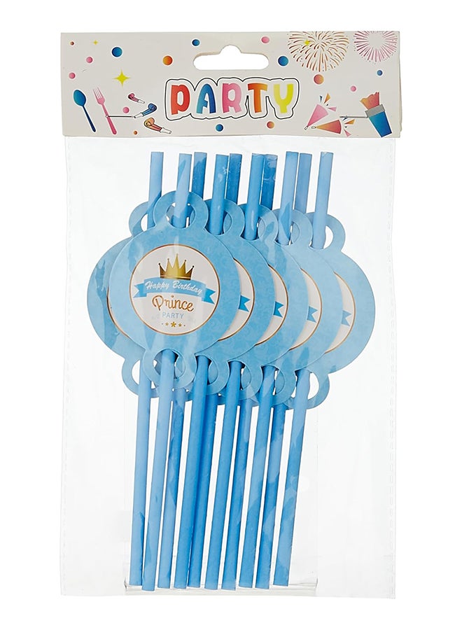 10pc Plastic Reusable Light Blue Color Straws Printed on Blue Banner Ribbon Happy Birthday Prince with Crown Print on top for Boys Birthday Party & Occasions  - Image 1