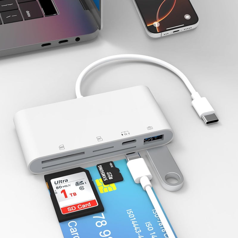 Rocketek USB C SD Card Reader for iPhone, 5-in-1 Multi Memory Card Reader with SD+TF+Smart Card Slot+USB OTG+USB-C Port, DOD Military USBC Common Access CAC Smart ID Card Reader for iPhone 16/iPad/Mac/Laptop - Image 1