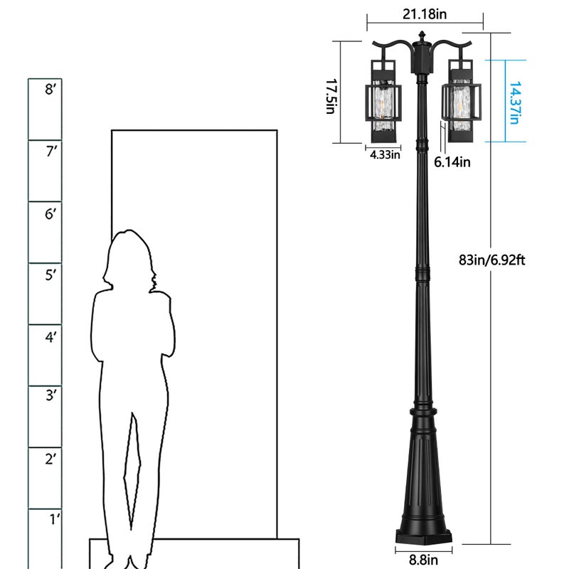 PARTPHONER Modern Outdoor Lamp Post Light 2-Head, Hardwired Street Light Post for Outside Metal Pole Light Outdoor Lighting with Water Glass Shade for Garden Patio Backyard Walkway Driveway - Image 3