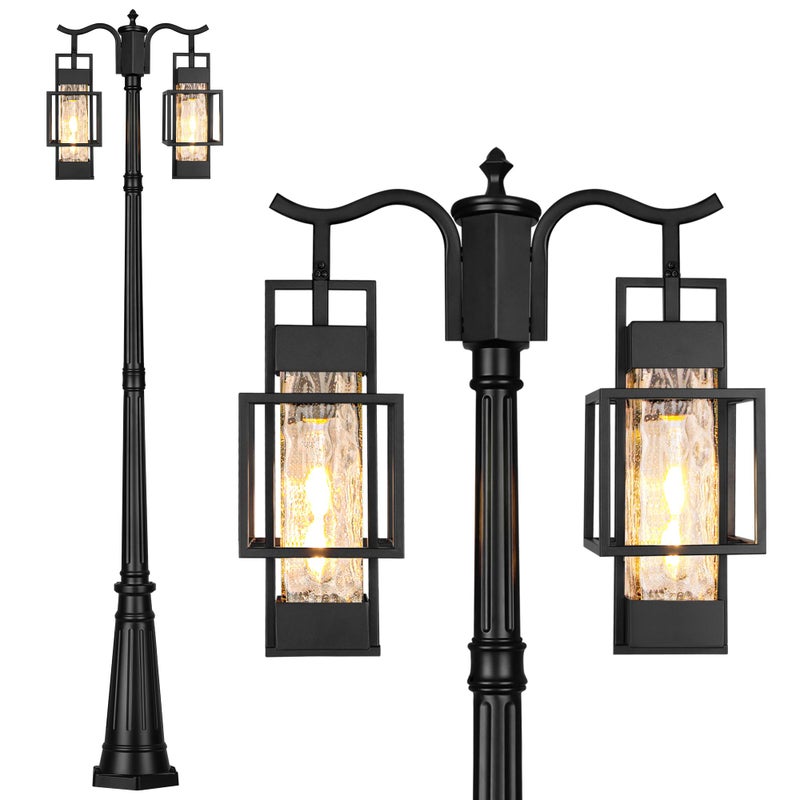 PARTPHONER Modern Outdoor Lamp Post Light 2-Head, Hardwired Street Light Post for Outside Metal Pole Light Outdoor Lighting with Water Glass Shade for Garden Patio Backyard Walkway Driveway - Image 1