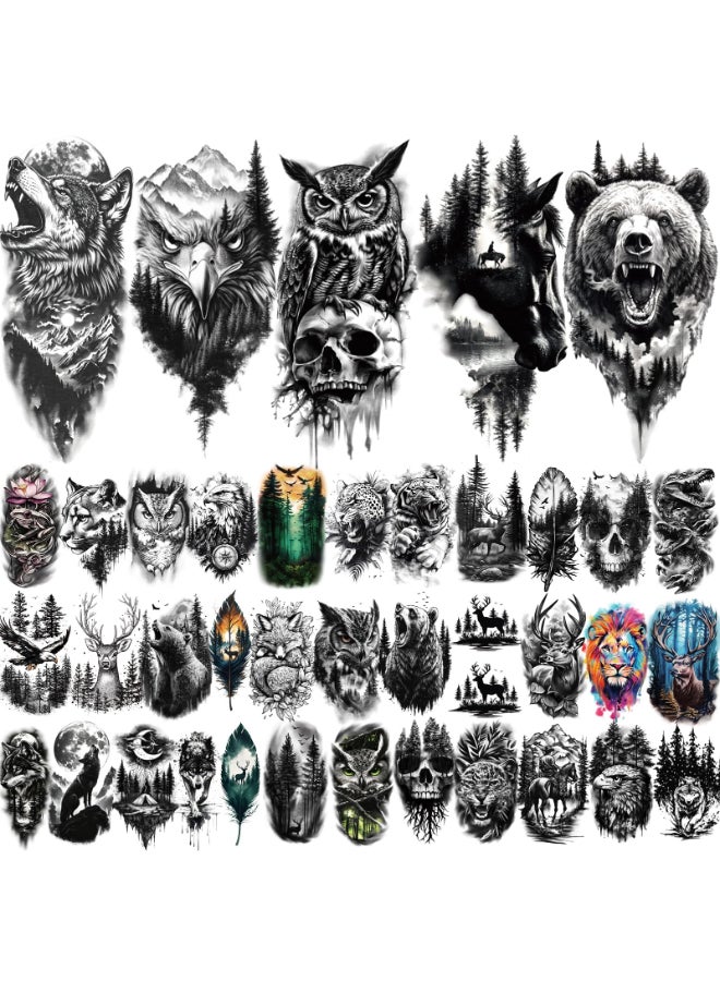 atydkug 77 Sheets Forest Animals Temporary Tattoo for Women Men 17 Sheets Half Arm Large Lion Tiger Wolf Fake Tattoos 60 Sheets Black Skull Owl Bear Tiny for Adult Kids Body Tattoos Stickers Realistic - Image 4