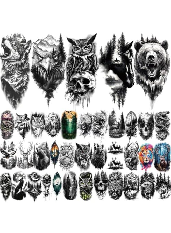 atydkug 77 Sheets Forest Animals Temporary Tattoo for Women Men 17 Sheets Half Arm Large Lion Tiger Wolf Fake Tattoos 60 Sheets Black Skull Owl Bear Tiny for Adult Kids Body Tattoos Stickers Realistic - Image 3