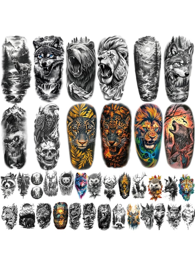 atydkug 77 Sheets Forest Animals Temporary Tattoo for Women Men 17 Sheets Half Arm Large Lion Tiger Wolf Fake Tattoos 60 Sheets Black Skull Owl Bear Tiny for Adult Kids Body Tattoos Stickers Realistic - Image 2