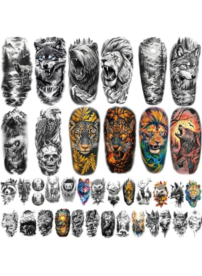 atydkug 77 Sheets Forest Animals Temporary Tattoo for Women Men 17 Sheets Half Arm Large Lion Tiger Wolf Fake Tattoos 60 Sheets Black Skull Owl Bear Tiny for Adult Kids Body Tattoos Stickers Realistic - Image 1